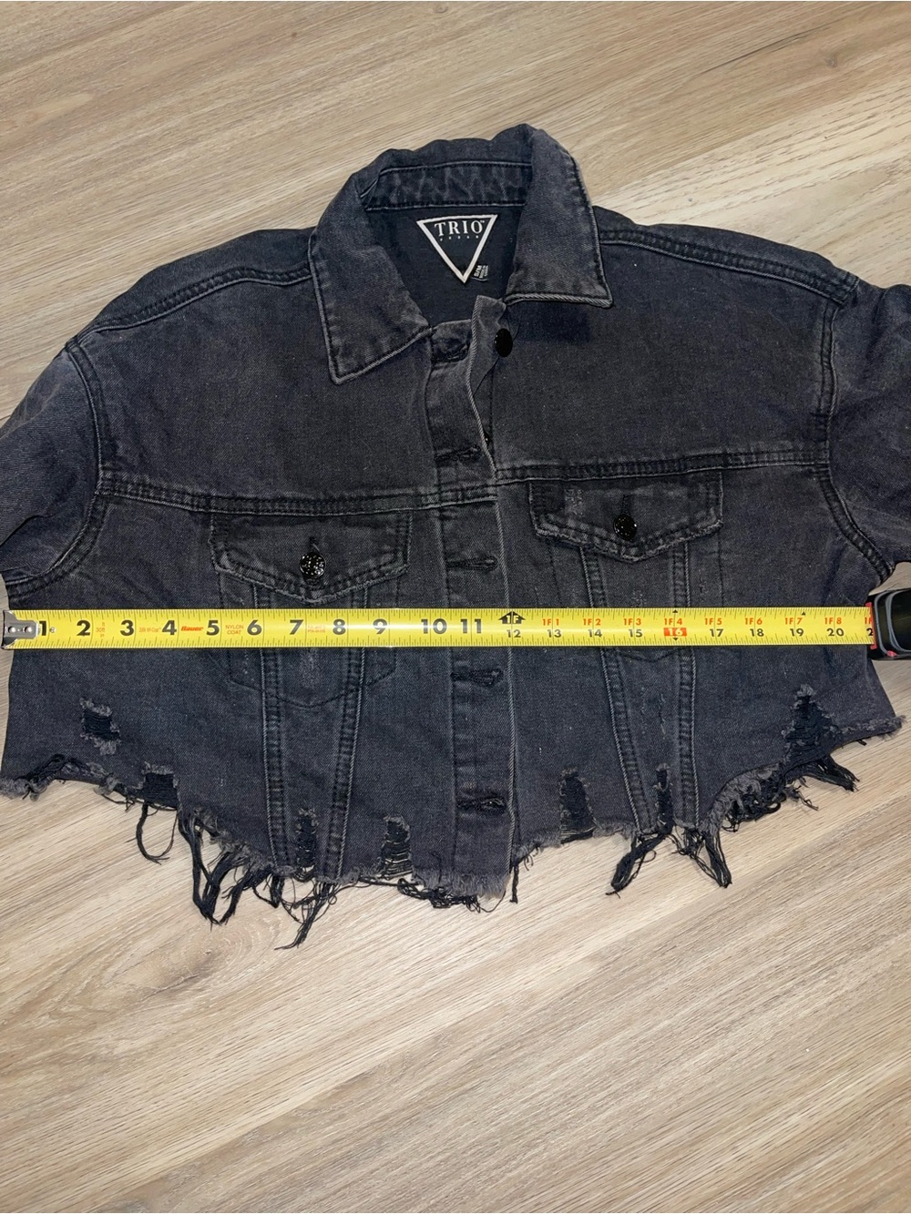 Trio Urban Blessed Virgin Mary Cropped Denim Jacket Black S/M - Picture 6 of 6